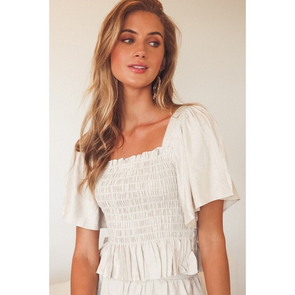 Lulus Your Sunshine Beige Smocked Flutter Sleeve Top - Size M